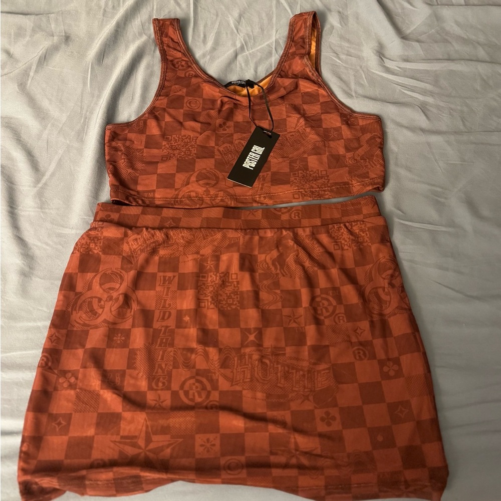 POSTER GIRL Terracotta Checkered Crop Top and Skirt Set